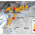 土耳其南部/叙利亚北部区域的地图显示断层在蓝色和两个主要的核心地区的地震2023年2月6日红色圆圈和许多余震黄色圆圈。